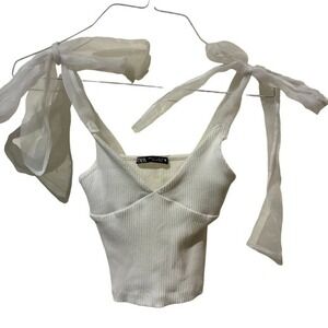 Zara White Ribbed Knit Tie Shoulder Organza Bow Crop Top Small